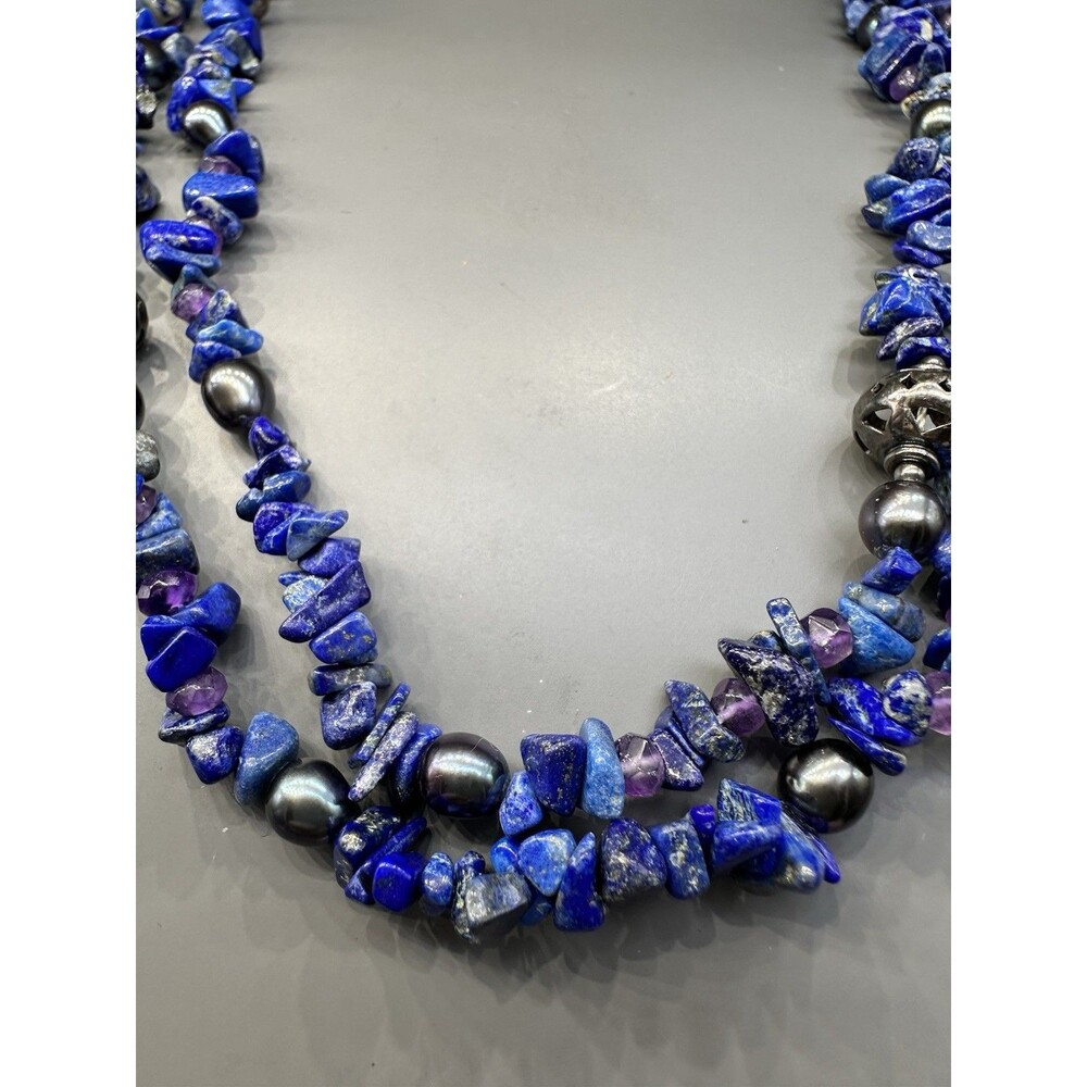 925 Lapis Amethyst & Pearl 40” Long Beaded Necklace Boho Festival